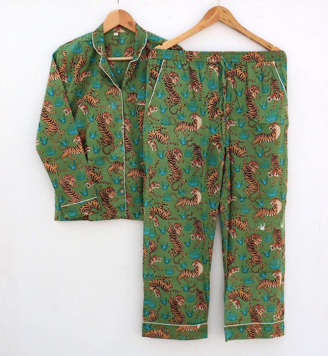 Tapir Pyjamas Green Tiger Print Pajama Set Women, Cotton Night Suit, Handmade Animal ...