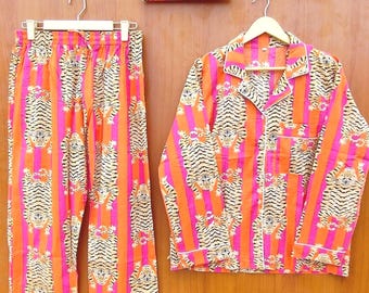 Handblock Gedruckt Baumwolle Pyjama Set, Tiger Print Loungewear Frauen, Orange Rosa Gestreifte Nachtwäsche, Handgemachter Nachtanzug Set Geschenk, Weiches PJ Set