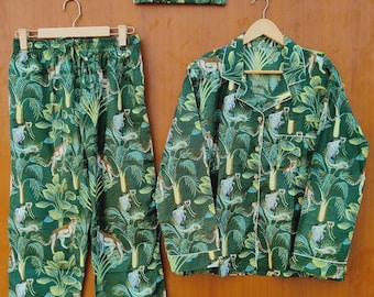 手作りのジャングルプリントコットンパジャマセット（女性用）、グリーンのボタニカル柄の寝間着、サファリ柄パジャマセット、快適なラウンジウェア、母の日のギフト、美しいパジャマ