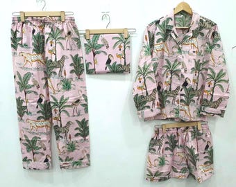 Hand Block Printed Cotton Pajama Set, Pink Jungle Print Sleepwear, Handmade Loungewear Set Women, Night Suit Set with Pouch Gift, PJ Set