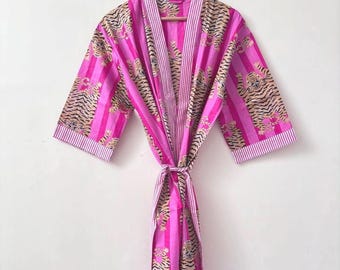 Handmade Pink Cotton Kimono Robe, Block Print Wrap Robe, Boho Lounge Wear for Women, Lightweight Summer Kimono, Unique Dress