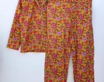 Handmade Yellow Floral Cotton Pajama Set Women, Block Print Sleepwear, Soft Lounge Wear Set, Button Down Night Suit, Summer Pajamas, PJ Gift