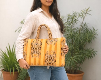 Handmade Quilted Laptop Bag Tiger Print Cotton Padded Laptop Sleeve Stylish Tote Bag for Women Gift, Beautiful Quilted Bag, Bags For Her