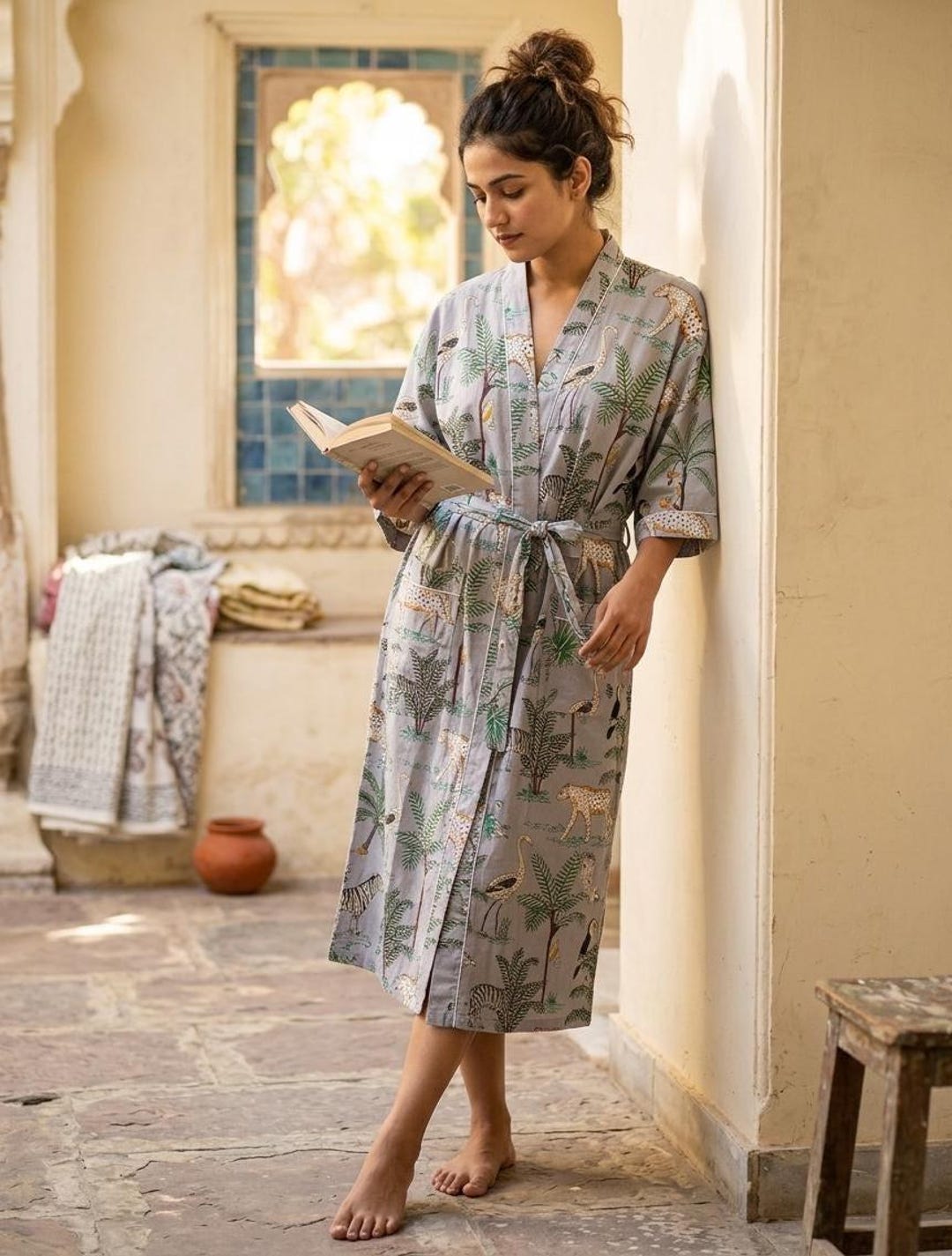 Handmade Cotton Kimono Robe for Women, Jungle Print Bathrobe ...