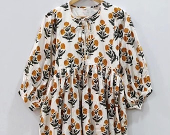 Vestido largo bohemio de algodón hecho a mano para mujer, vestido con estampado floral, vestido holgado con volantes, vestido bohemio de verano, vestido cottagecore, regalo para ella