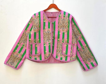 Boho Quilted Jacket Women, Tiger Print Jacket, Handmade Cotton Jacket, Colorful Ethnic Jacket, Vintage Kantha Style Coat, Indie Jacket, Gift