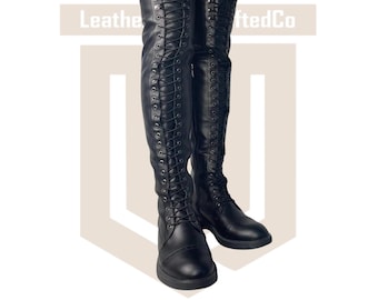 Handmade Over-the-Knee Leather Corset Boots: Custom Fit Gothic Combat Style