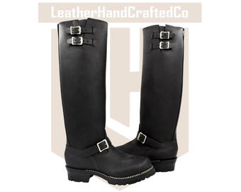Men’s Black Leather Engineer Boots – Tall Motorcycle Boots with Double Buckle Straps & Lug Sole