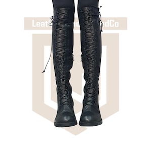 Handmade Black Leather Thigh High Lace Up Boots for Women | Over the Knee Gothic Boots | Side Zipper Tall Boots Alternative Fashion Footwear image 1