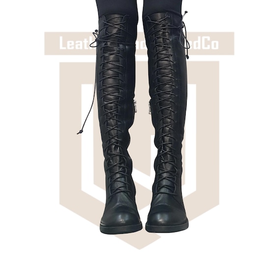 Handmade Black Leather Thigh High Lace Up Boots for Women | Over the Knee Gothic Boots | Side Zipper Tall Boots Alternative Fashion Footwear