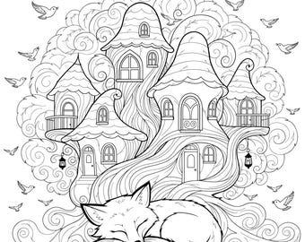 Fantasy Coloring Pages Bundle, Whimsical Animal Houses, Fairy Tale Landscapes, Adult Zen Art, Stress Relief Printables, Digital PNG, PDF