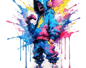 Watercolor Gamer Boy PNG, Paint Splash Sublimation Design (Digital Download)
