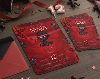 Editable Ninja Birthday Invitation, Martial Arts Party, Kids Red Ninja Clipart (Digital Download)