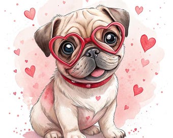 Watercolor Pug PNG, Puppy with Heart Glasses, Valentine Dog Design (Digital Download