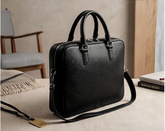 Luxury Full Grain Leather Laptop Bag Men – Handmade Black Leather Briefcase, Office & Business Travel – Premium Executive Messenger Bag