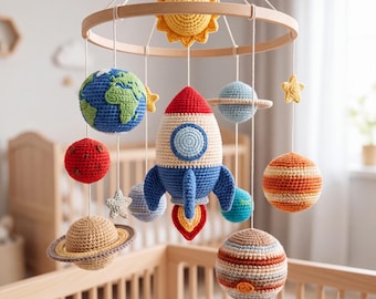 Space Baby Mobile, Solar System Crib Mobile, Rocket Nursery Decor, Crochet Baby Mobile, Handmade Nursery Mobile, Newborn Shower Gift