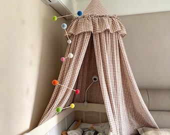 Kids Bed Canopy, Gingham Bed Canopy, Brown Checkered Nursery Canopy, Crib & Kids Reading Nook Decor, Muslin Bed Canopy, Crib Bed Baldachin