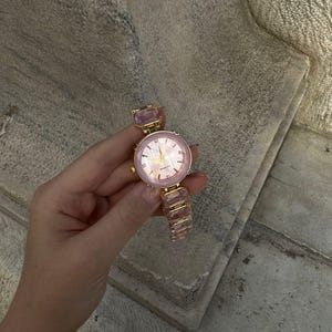 Pink Stone Women&#39;s Watch with Bangle Bracelet