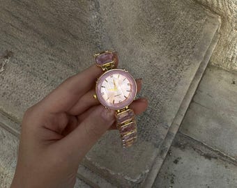 Pink Stone Women's Watch with Bangle Bracelet