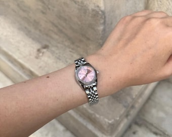 Vintage Silver Watch with Pink Round Face