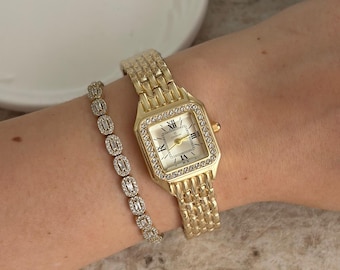 Gold Zirkon Stone Square Watch Vintage Style Women's Cocktail Watch Gift for Her