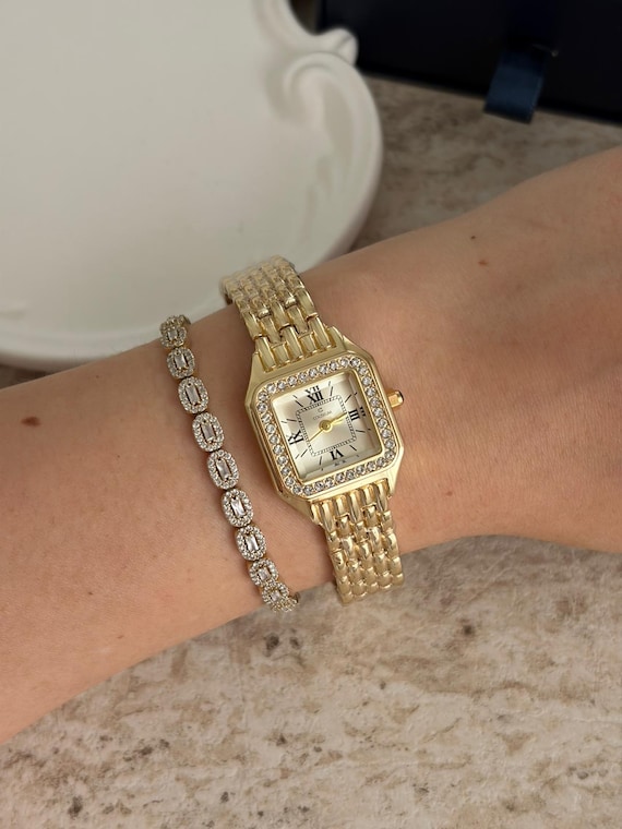 Vintage Studded Gold Square Quartz Timepiece‎ Japanese Quartz Square Watch - Etsy main image 4
