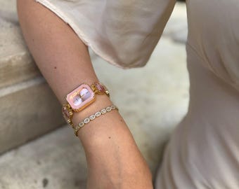 Rosa kristallarmbandsklocka: Lyxigt guldfärgat armbandsur för kvinnor