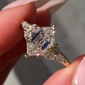 3 CT Elongated Hexagon Moissanite Engagement Ring, 14K Solid Gold, Cluster Hidden Halo, Wedding Anniversary Ring, Proposal Girlfriend Gift