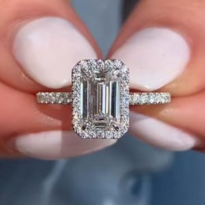 Vintage 2.50 CT Emerald Cut Moissanite Engagement Ring, 14K/18K Solid Gold, Full Hidden Halo Ring Solitaire Wedding Anniversary Ring For Her