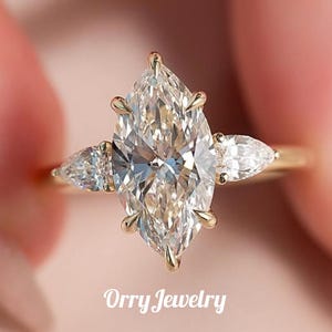 3.50 CT Marquise Cut Three Stone Engagement Ring, 14K/18K Solid Yellow Gold, Side Stone Pear Cut Diamonds, Promise Wedding Ring Gift For Her