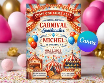Carnaval verjaardagskaart | Carnaval verjaardagsfeest | Circus verjaardagskaart | Carnaval uitnodiging | Carnaval circus | Bewerkbaar Canva