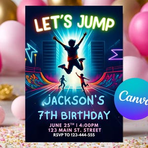 Puede incluir: Una invitación de cumpleaños con el texto "LET'S JUMP" en verde neón. La invitación presenta una silueta de una persona saltando, con el nombre "JACKSON'S" y "7TH BIRTHDAY" debajo. También se incluye la fecha, la hora y la información de RSVP.