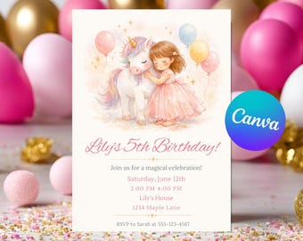 Unicorn Princess Birthday Invitation - Editable Fairytale Unicorn Party Invite - Magical Girl Theme