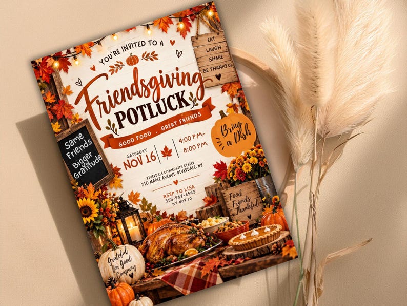 Potluck Invite Example Friendsgiving Potluck Invitation Editable Canva Template, Thanksgiving ...