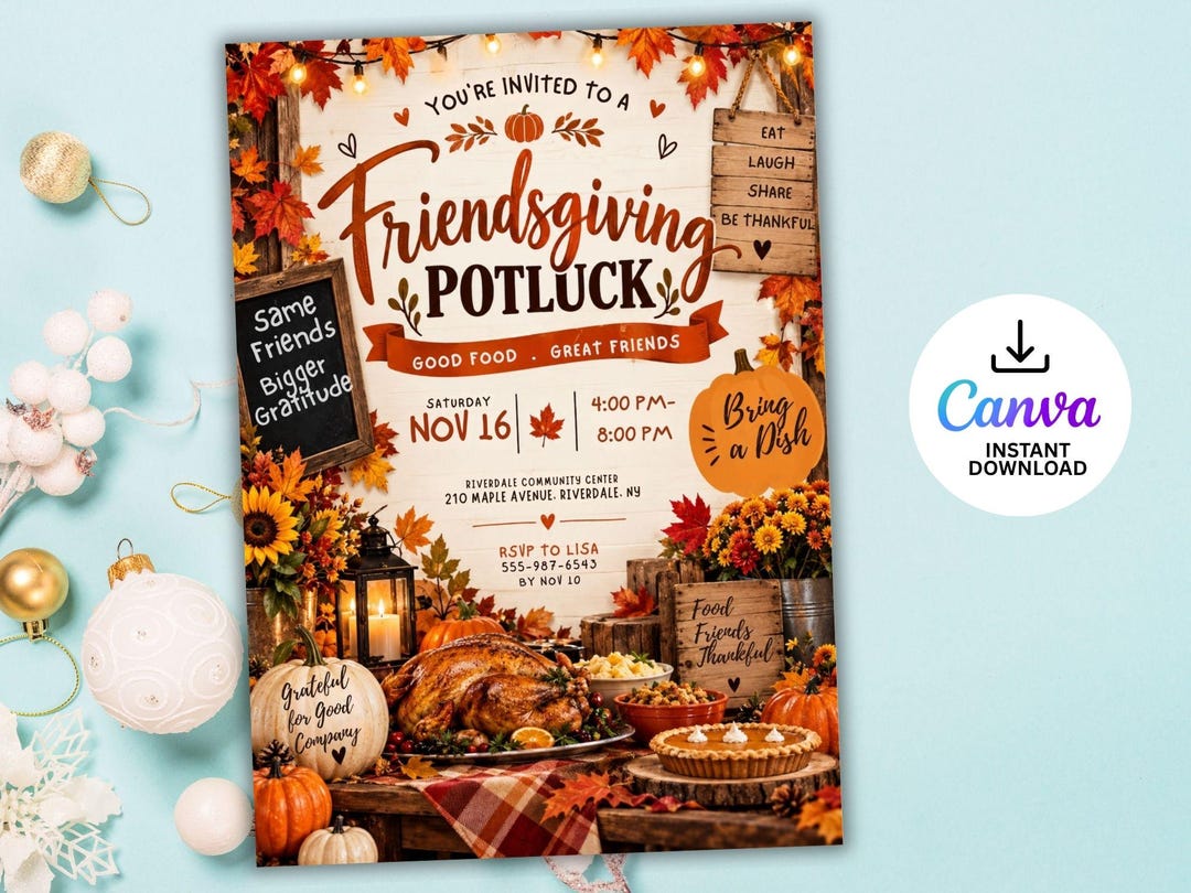 Potluck Invite Example Friendsgiving Potluck Invitation Editable Canva Template, Thanksgiving ...