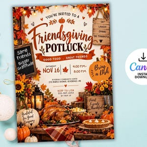 May include: A Friendsgiving potluck invitation flyer featuring autumn leaves, a roasted turkey, pumpkins, and sunflowers. Text includes: You're invited to a Friendsgiving Potluck, Nov 16, 4:00 PM-8:00 PM, Riverdale Community Center, 210 Maple Avenue, Riverdale, NY.
