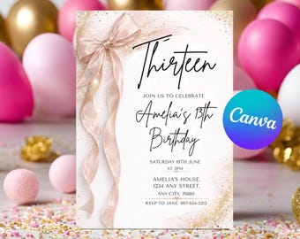 Coquette 13th Birthday Invitation: Black Bow, Trendy Girl (Digital Download)