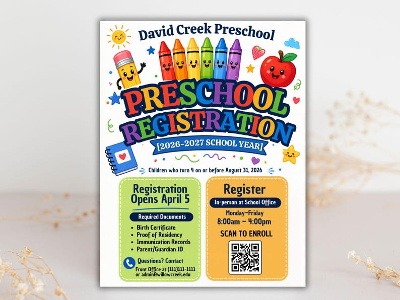 enroll template,editable flyer,school enrollment,qr code flyer,canva school flyer,preschool,preschool sign,school office form,preschool flyer,school registration,registration poster,enrollment poster,admin template