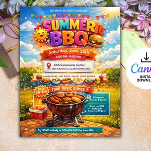 Summer BBQ Party Flyer Editable Template, DIY Cookout Invitation, Canva