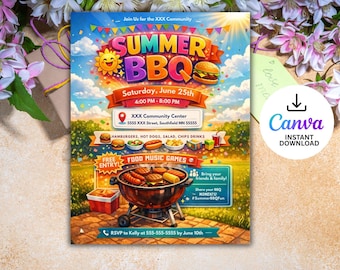 Sommer BBQ Party Flyer bearbeitbare Vorlage, DIY Grillparty-Einladung, Canva