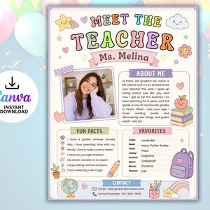 May include: A Meet the Teacher flyer template featuring pastel colors, a photo of a teacher, and sections for About Me, Fun Facts, Favorites, and Contact information. The design includes illustrations of a rainbow, clouds, books, and a backpack.