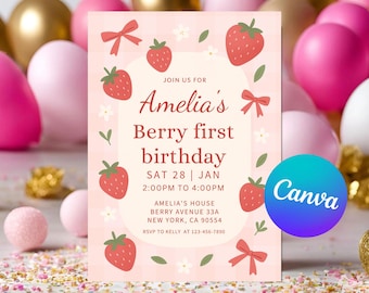 Berry First Birthday Invitation, Editable Canva Template
