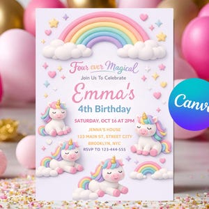 May include: A pastel-colored birthday invitation featuring unicorns, rainbows, and clouds. The invitation includes the text "Four ever Magical" and "Emma's 4th Birthday". The design incorporates hearts and stars.