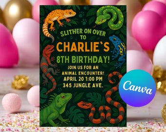 May include: A birthday party invitation with a dark green background and colorful illustrations of reptiles and amphibians. The text reads "Slither on Over to Charlie's 8th Birthday!" with event details. A Canva logo is in the lower right corner.