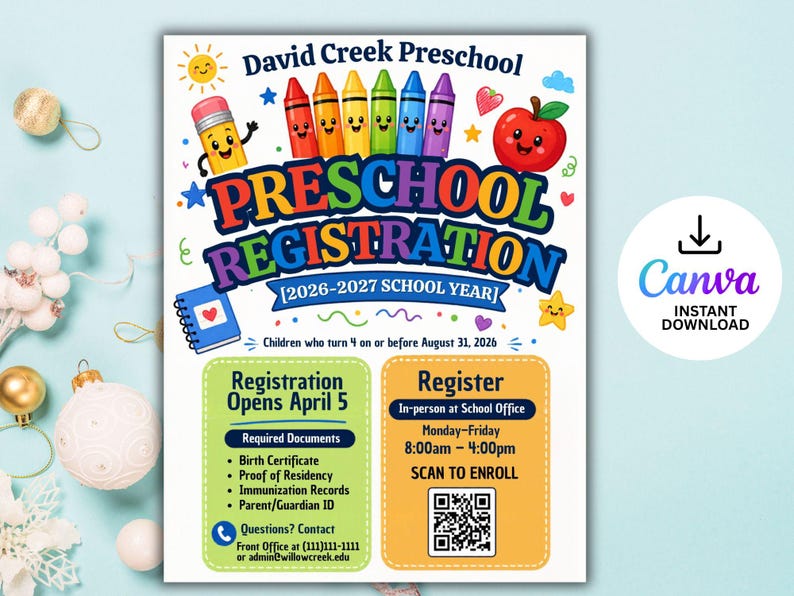 enroll template,editable flyer,school enrollment,qr code flyer,canva school flyer,preschool,preschool sign,school office form,preschool flyer,school registration,registration poster,enrollment poster,admin template