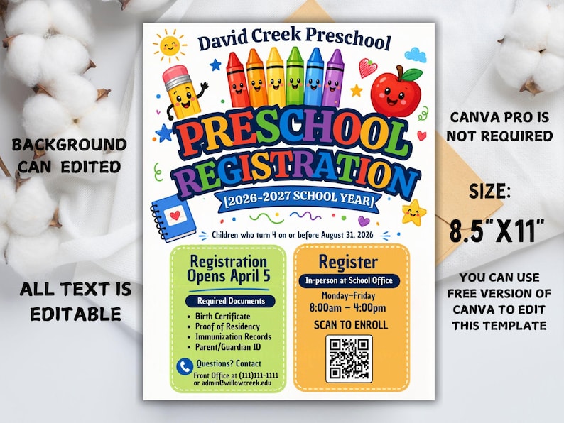 enroll template,editable flyer,school enrollment,qr code flyer,canva school flyer,preschool,preschool sign,school office form,preschool flyer,school registration,registration poster,enrollment poster,admin template