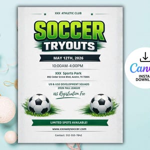 Puede incluir: Un folleto para las pruebas de fútbol, con el texto "SOCCER TRYOUTS" en verde y blanco. Incluye la fecha, hora, lugar y cuota de inscripción. Dos balones de fútbol en la parte inferior. Del XXX Athletic Club.