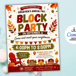 Puede incluir: Un folleto rectangular para la fiesta anual de otoño de Ridgeview el 22 de septiembre de 4:00 p.m. a 8:00 p.m. El diseño presenta hojas de otoño, una silla roja, una calabaza y casas, con texto que incluye la ubicación y detalles del evento.