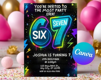 Six or Seven Birthday Party Invitation: Meme Style, Editable Canva Template