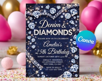 Denim and Diamonds Birthday Invitation, Editable Canva Template, Digital Download
